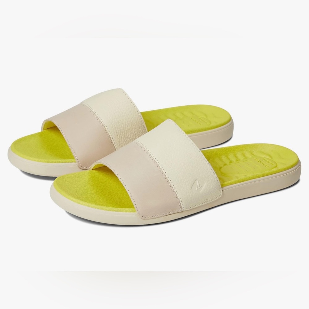 SPERRY MENS PLUSHWAVE DOCK SLIDE SANDAL  Cream & Acid Yellow. 10M    New…